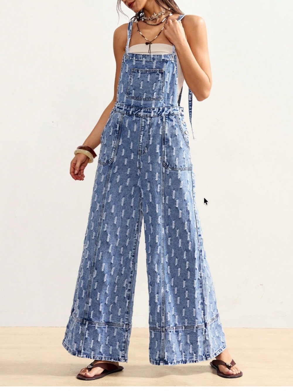 Light Wash Distressed Double Strap High Waisted Wide leg bibs Overalls - Picture 3 of 6